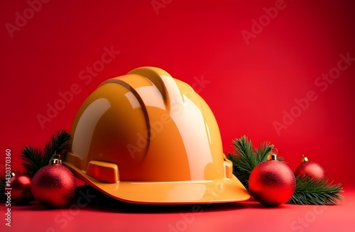 Yellow construction helmet on red New Year background