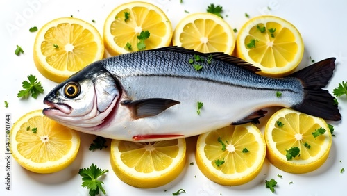 Fresh fish with lemon slices on white background