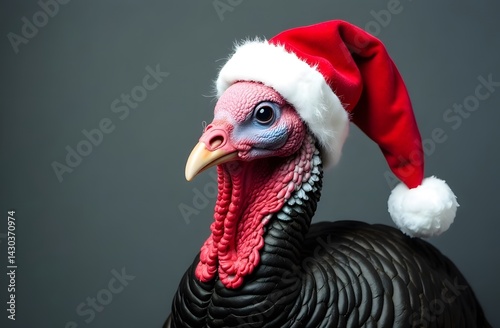 Funny turkey in red Santa Claus hat on grey background