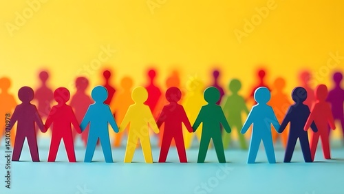 Multicolored paper people holding hands on a yellow background. Different people together.