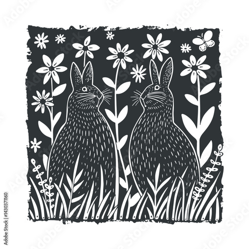 Vector linocut floral poster template with rabbits. Modern trendy minimal style. Black and white colors. Botanical blockprint. Design for wallpaper, wall decor, print, postcard, cover, template.