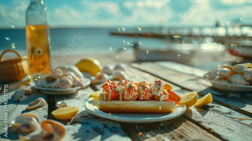 New England Lobster Roll with Butter Drip and Lemon – Rustic Dockside Setting with Ocean Blur, Cape Cod Summer Editorial Style
