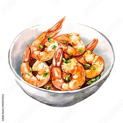 Illustration background white fried shrimp Asian-style vector