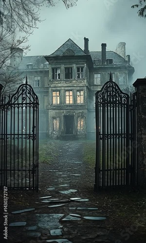 Eerie Abandoned Mansion Surrounded by Fog with Open Gates and Overgrown Pathway