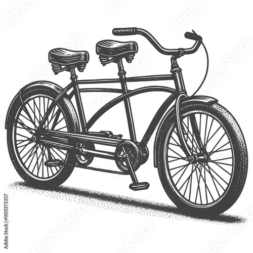 Vintage Hand-Drawn Tandem Bicycle Illustration – Outdoor Adventure Engraved Style Vector for T-Shirts, Posters, Stickers, and Cycling Gear Apparel