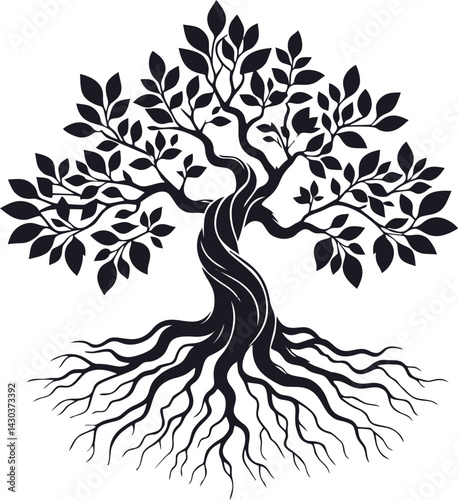 Twisted Silhouette Tree of Life: Intricate Roots & Lush Foliage