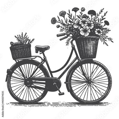 Vintage Hand-Drawn Bicycle with Flowers in Basket Illustration – Outdoor Adventure Engraved Style Vector for T-Shirts, Posters, Stickers, and Cycling Gear Apparel