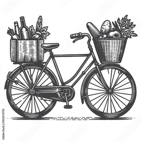 Vintage Hand-Drawn Bicycle with Vegetables in Basket Illustration – Outdoor Adventure Engraved Style Vector for T-Shirts, Posters, Stickers, and Cycling Gear Apparel