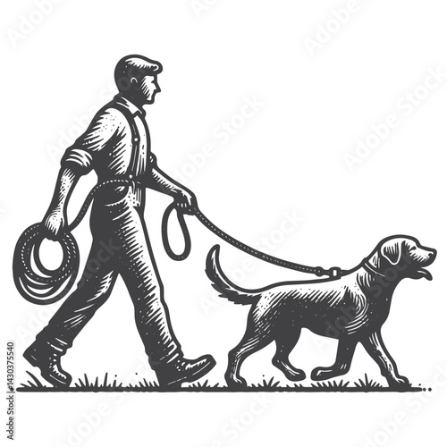 Vintage Hand-Drawn Dog Walker Side View Illustration – Outdoor Lifestyle Engraved Style Vector for T-Shirts, Posters, Stickers, and Pet Apparel