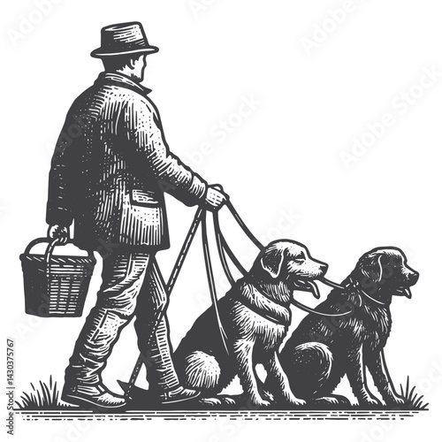 Vintage Hand-Drawn Dog Walker Holding Multiple Leashes Illustration – Outdoor Lifestyle Engraved Style Vector for T-Shirts, Posters, Stickers, and Pet Apparel