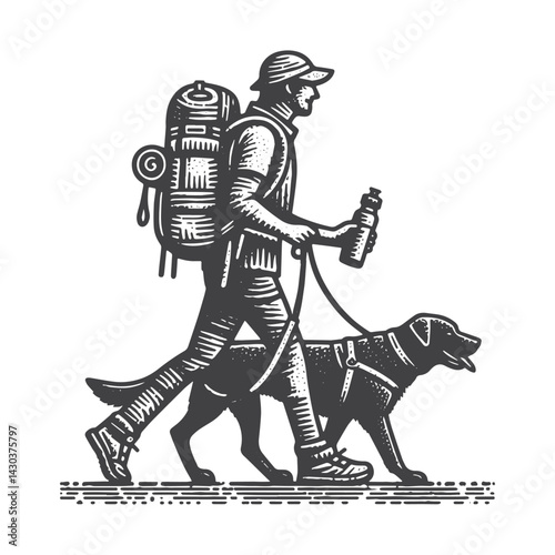 Vintage Hand-Drawn Dog Walker with Backpack Illustration – Outdoor Lifestyle Engraved Style Vector for T-Shirts, Posters, Stickers, and Pet Apparel