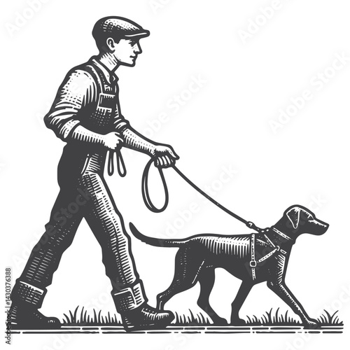 Vintage Hand-Drawn Dog Walker Holding One Dog Leash Illustration – Outdoor Lifestyle Engraved Style Vector for T-Shirts, Posters, Stickers, and Pet Apparel