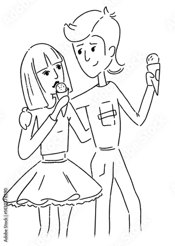 A guy and a girl holding ice cream in their hands hugging and walking. Sketch drawn with gel pen