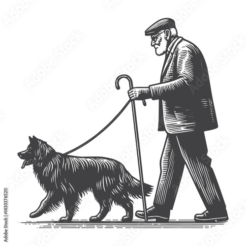 Vintage Hand-Drawn Dog Walker Holding One Dog Leash Illustration – Outdoor Lifestyle Engraved Style Vector for T-Shirts, Posters, Stickers, and Pet Apparel