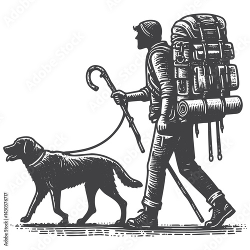 Vintage Hand-Drawn Dog Walker with Backpack Illustration – Outdoor Lifestyle Engraved Style Vector for T-Shirts, Posters, Stickers, and Pet Apparel