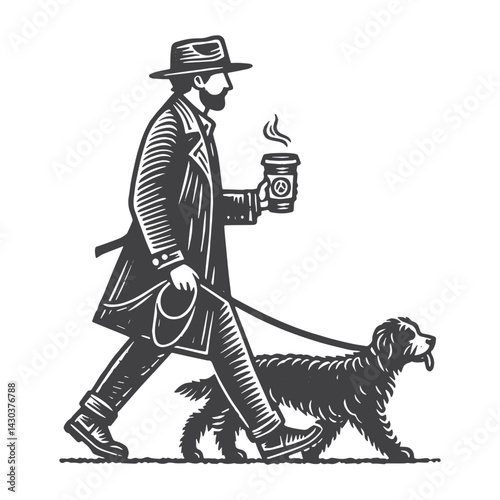 Vintage Hand-Drawn Dog Walker Holding Coffee Illustration – Outdoor Lifestyle Engraved Style Vector for T-Shirts, Posters, Stickers, and Pet Apparel