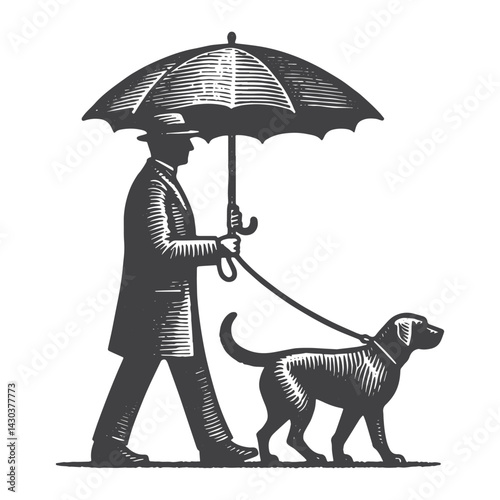 Vintage Hand-Drawn Dog Walker with Umbrella Illustration – Outdoor Lifestyle Engraved Style Vector for T-Shirts, Posters, Stickers, and Pet Apparel
