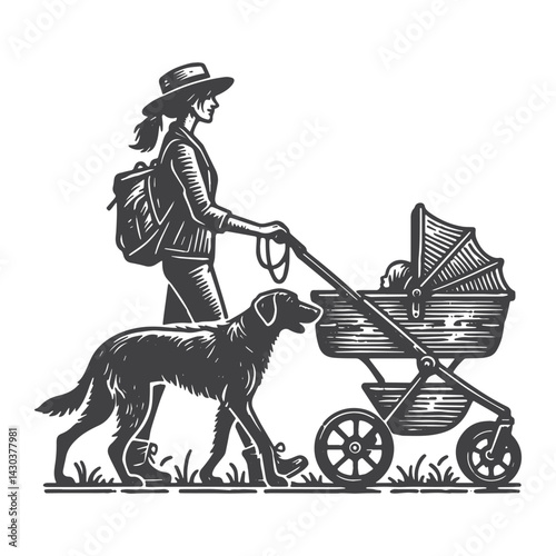 Vintage Hand-Drawn Dog Walker with Baby Stroller Illustration – Outdoor Lifestyle Engraved Style Vector for T-Shirts, Posters, Stickers, and Pet Apparel