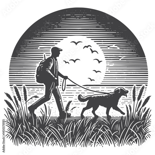Vintage Hand-Drawn Dog Walker at Sunset Illustration – Outdoor Lifestyle Engraved Style Vector for T-Shirts, Posters, Stickers, and Pet Apparel