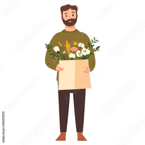 A man holds a paper bag of flowers illustration arrangement cardboard  vector