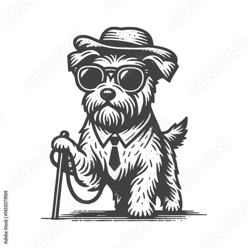 Vintage Hand-Drawn Dog Walker Wearing Sunglasses Illustration – Outdoor Lifestyle Engraved Style Vector for T-Shirts, Posters, Stickers, and Pet Apparel
