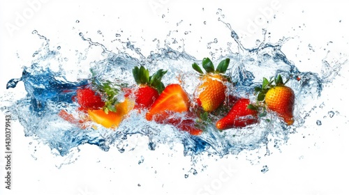 Red Strawberries Splashing in Water on White Background