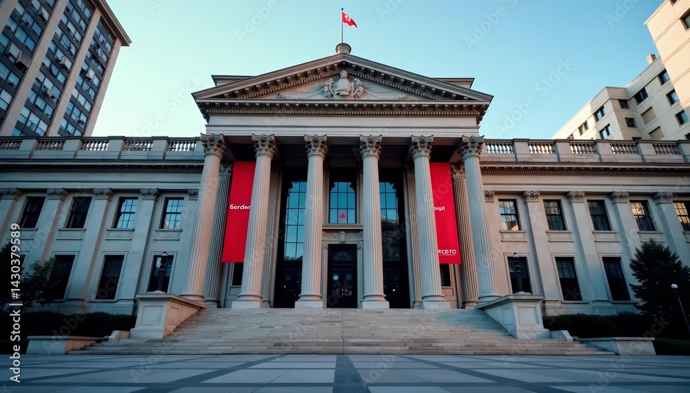 Obraz premium Central bank building with graphs showing inflation rates dropping, decrease, success