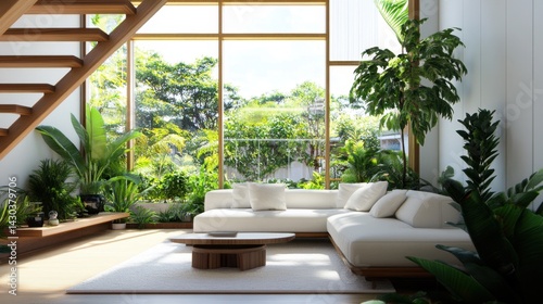 A peaceful living room filled with natural light, white sofa and vibrant plant life