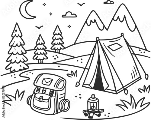Hand-drawn camping scene with tent, mountains, and travel gear in black and white doodle style