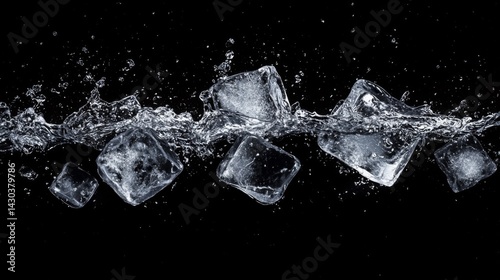 Ice Cubes Splashing in Dark Water