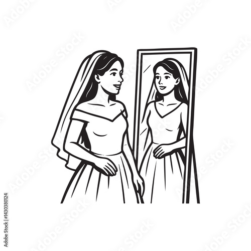 bride trying on wedding dress in front of mirror