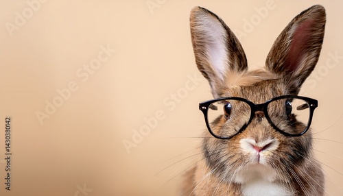 A brown and white rabbit head wearing glasses is on the right side with a cream backgroundd photo