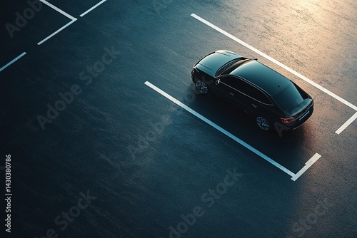 aerial view black car parked in single parking space in empty parking lot photo