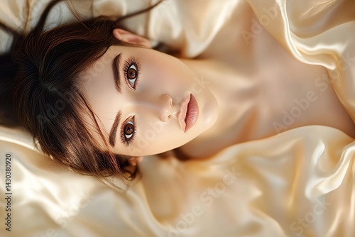 A woman's beauty and sex appeal are enhanced by her golden tan and make-up on her skin