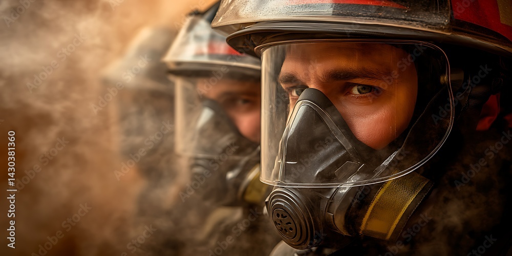 Fototapeta premium Firefighters with helmets, & masks face smoky background while working, possibly for safety ads