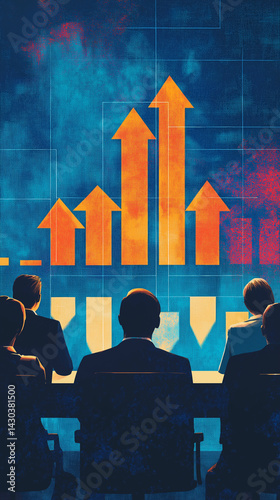 Business professionals sitting in conference room, watching projection screen with ascending orange arrows against blue backdrop, representing corporate growth and achievement