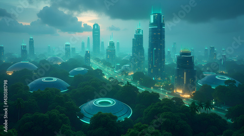 Aerial Eco-City Grown from Nature – 3D Fantasy Art , Ai generative