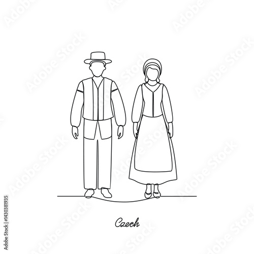 One continuous line drawing of Czech Republic traditional clothes couple vector illustration. Europe traditional clothes concept in simple linear style. Fashion for asset design an educational purpose
