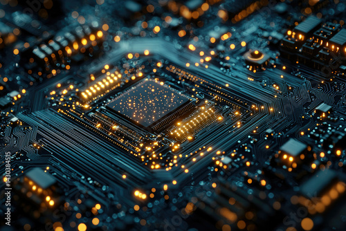 A complex and intricate close-up of a modern computer circuit board with glowing components, showcasing technology and connectivity in detail.