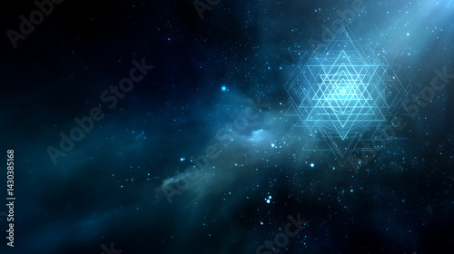 Sri Yantra floating in cosmic space with light particles surrounding it, gradient background from black to galactic blue