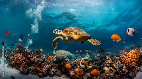 Fototapeta Naklejka Na Ścianę i Meble -  Underwater scene turtle swims amidst colorful fish & coral reef