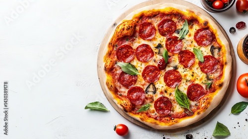 Fototapeta Naklejka Na Ścianę i Meble -  Delicious pepperoni pizza with melted cheese and basil hot red food meal menu tasty lunch spicy round