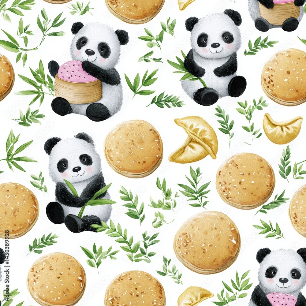 Obraz premium Seamless repeat pattern featuring hand-painted pandas in watercolor style, with bamboo shoots and dumplings, soft black and white tones, isolated on white background, zen garden vibe, vibrant design