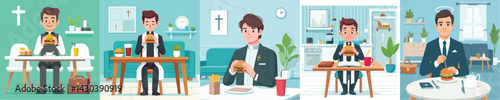 vector priest eating burger at table