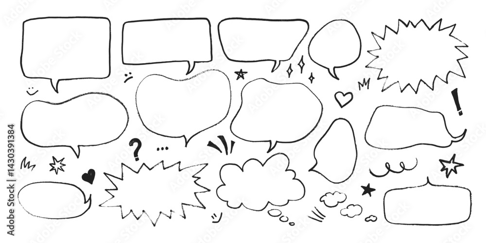 Fototapeta premium Dialogue speech bubbles with pen or crayon chalk doodle emphasis hand drawn style vector illustration set. Chat balloons crayon chalk style various dialogue frames collection hand drawn sketch style.