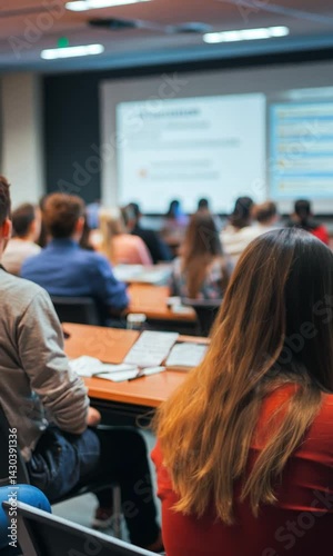 Group of students engaged in a classroom discussion with a presentation displayed on screen