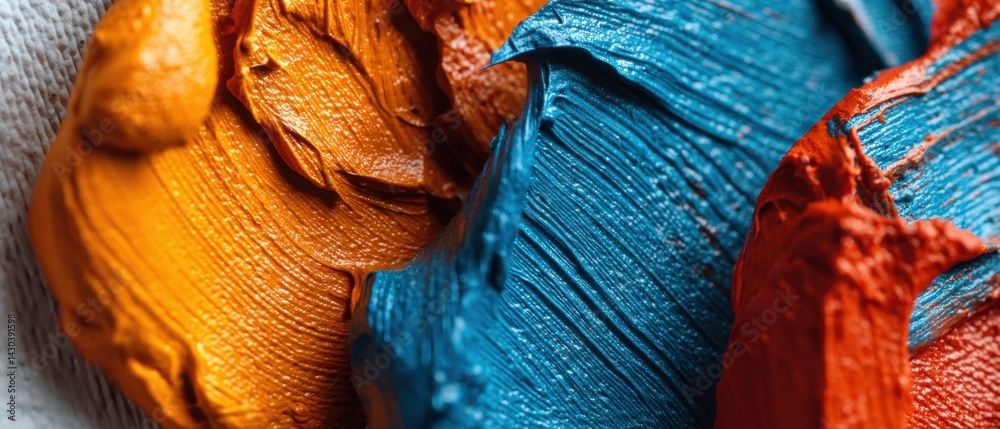 Vibrant colors of paint in blue, orange, and red, showcasing texture and artistic potential on a canvas background.