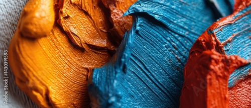 Obraz na płótnie Vibrant colors of paint in blue, orange, and red, showcasing texture and artistic potential on a canvas background. w salonie