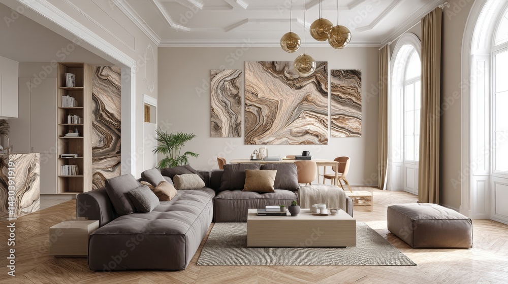 Modern living room with elegant decor, featuring marble accents, plush seating, and large windows for natural light.