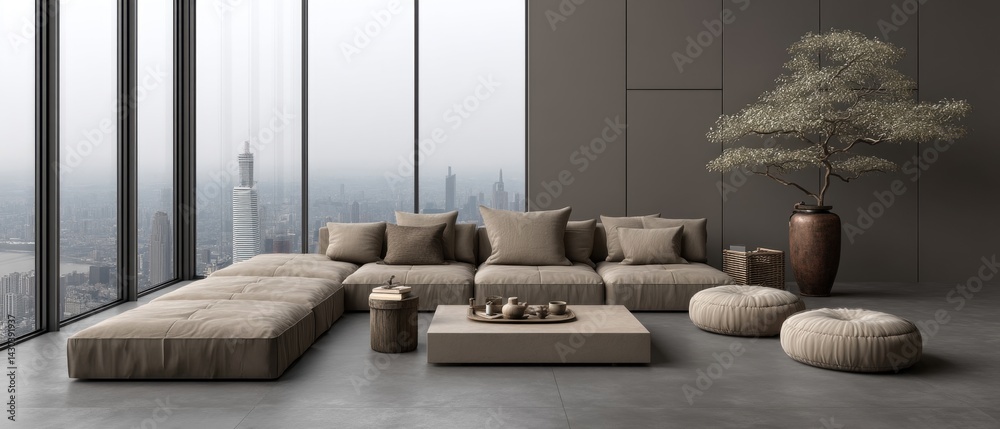 Modern minimalist living room with panoramic city views, showcasing neutral tones and stylish furnishings.